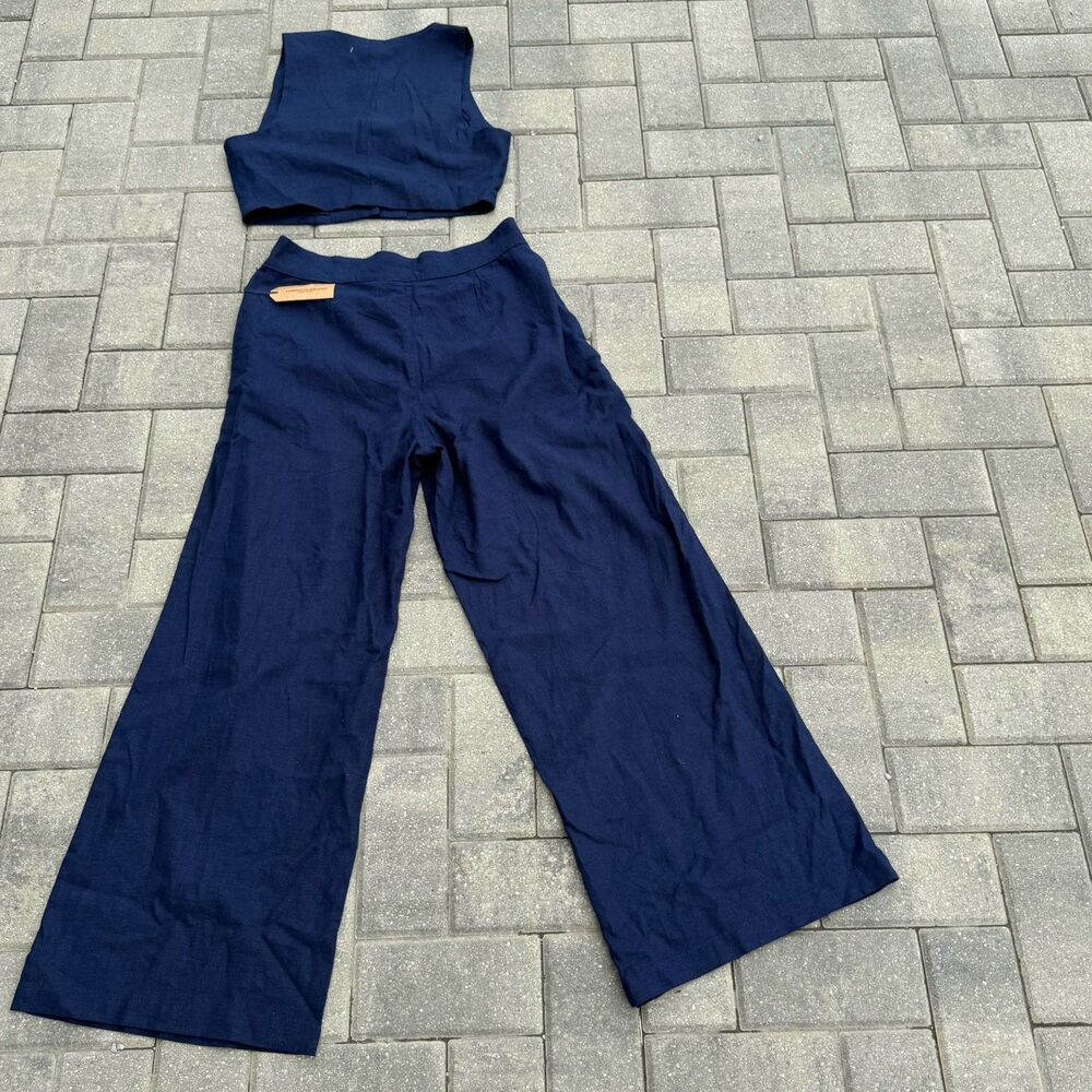 Christian Siriano Navy Two-Piece Crop Top and Wide-Leg Pants Set - Picture 12 of 13